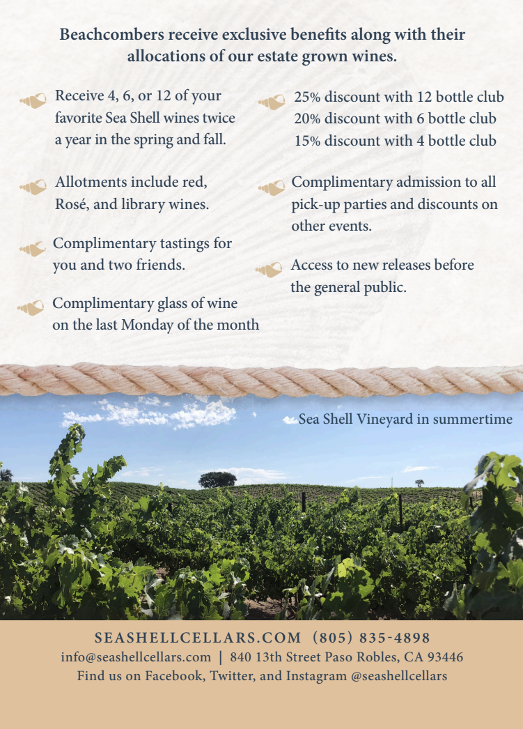 Description of the benefits of joining Sea Shell Cellars Wine Club - The Beachcomber Club